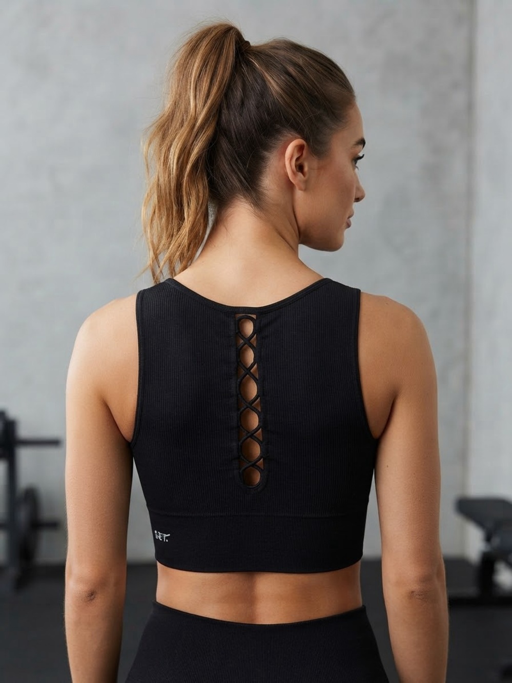 Betsey Johnson Black Ribbed Lace-Up Sports Bra